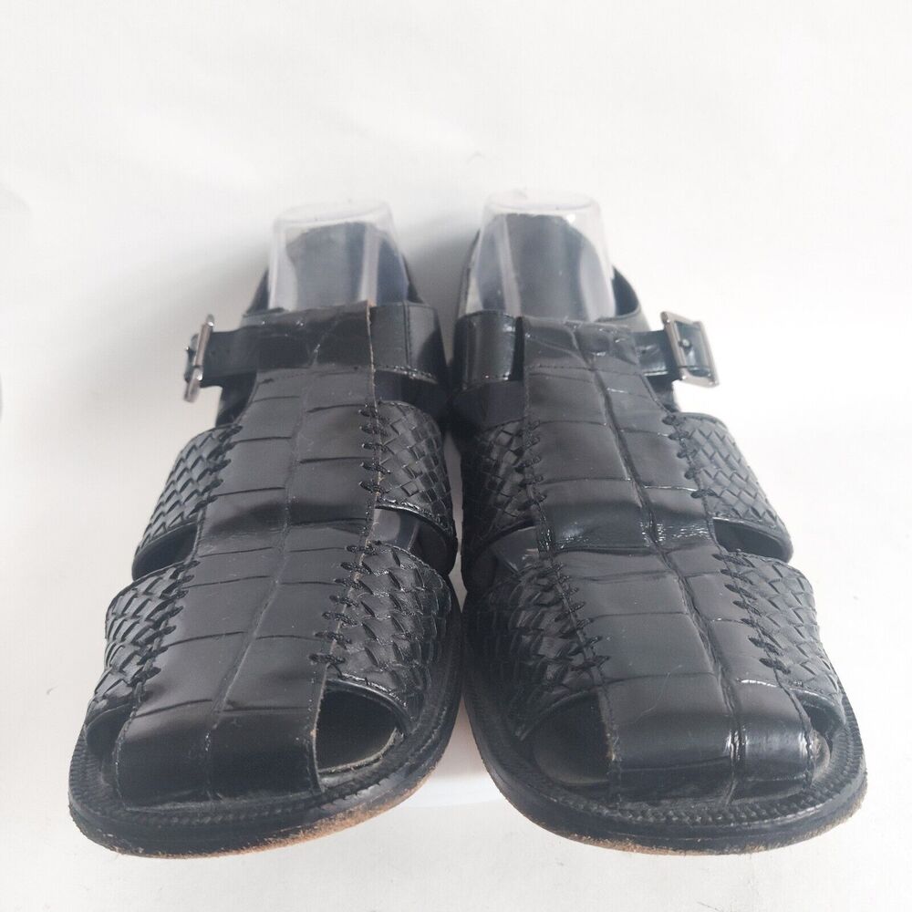 Stacy Adams Black Woven Leather Fisherman Sandals Size 12 Huarache Silver Buckle - Picture 4 of 13